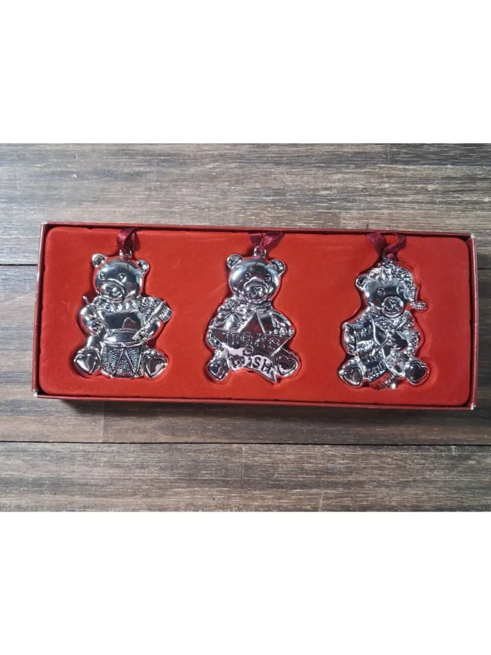 Gorham Silver Plated Teddy Bear Christmas Ornies Set Drum List Make Wish